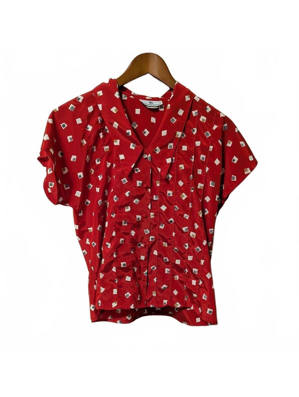 80s Jonathan Martin Red Satin Confetti Print Blouse French Girl Pintuck Size M
